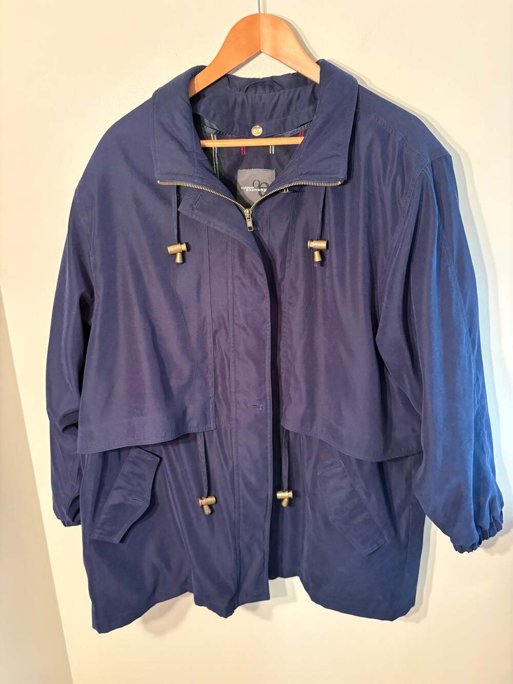 Vintage Outdoor Exchange 1X Navy Blue Plaid Lined Drawcord Jacket Coat